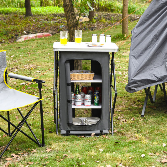 Patiojoy Portable Outdoor Camping Storage Cabinet Folding Organizer Kitchen Table w/ 3 Shelves and Carry Bag for BBQ M/L/XL