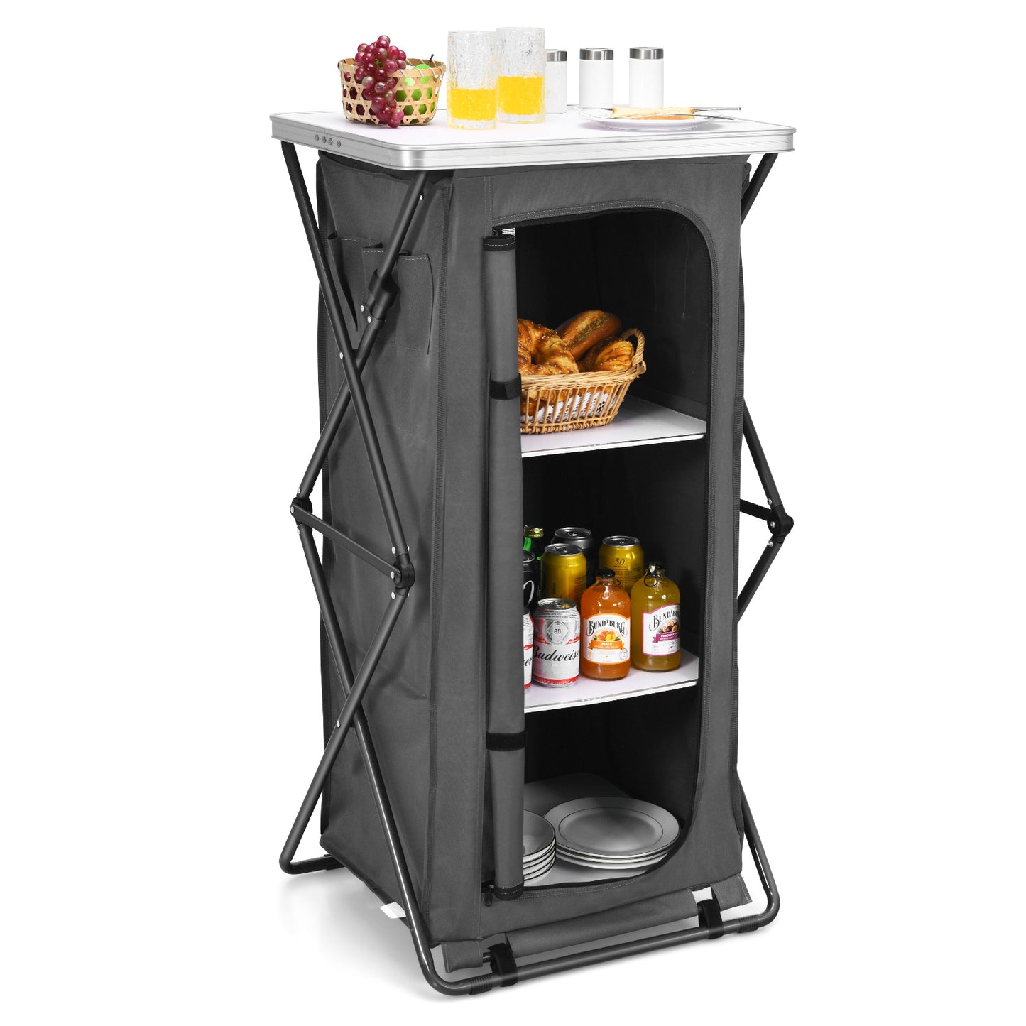 Patiojoy Portable Outdoor Camping Storage Cabinet Folding Organizer Kitchen Table w/ 3 Shelves and Carry Bag for BBQ M/L/XL