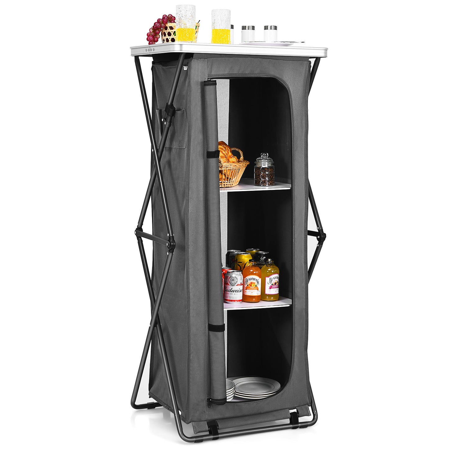 Patiojoy Portable Outdoor Camping Storage Cabinet Folding Organizer Kitchen Table w/ 3 Shelves and Carry Bag for BBQ M/L/XL