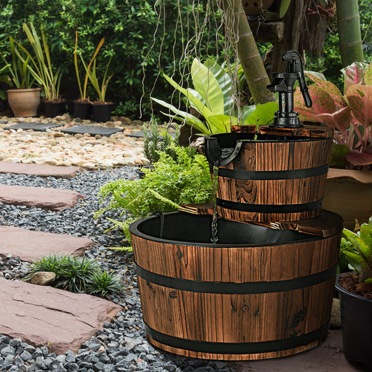 Topbuy 2-Tier Barrel Waterfall Rustic Fountain Barrel Wooden Water Fountain Pump for Garden Patio