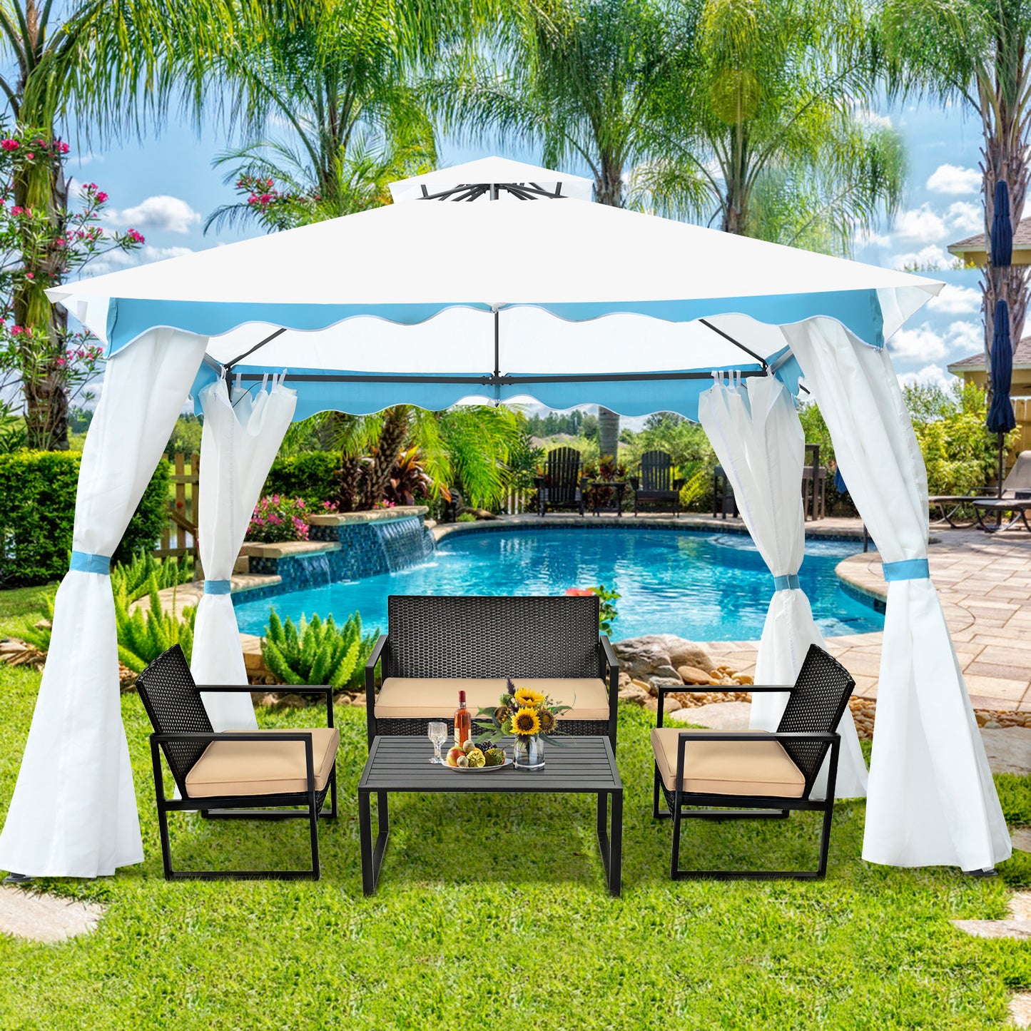 Topbuy 2 Tier 10'x10'Patio Steel Gazebo Outdoor Canopy Tent Steel Frame Shelter Awning W/Side Walls for Patio Yard Garden