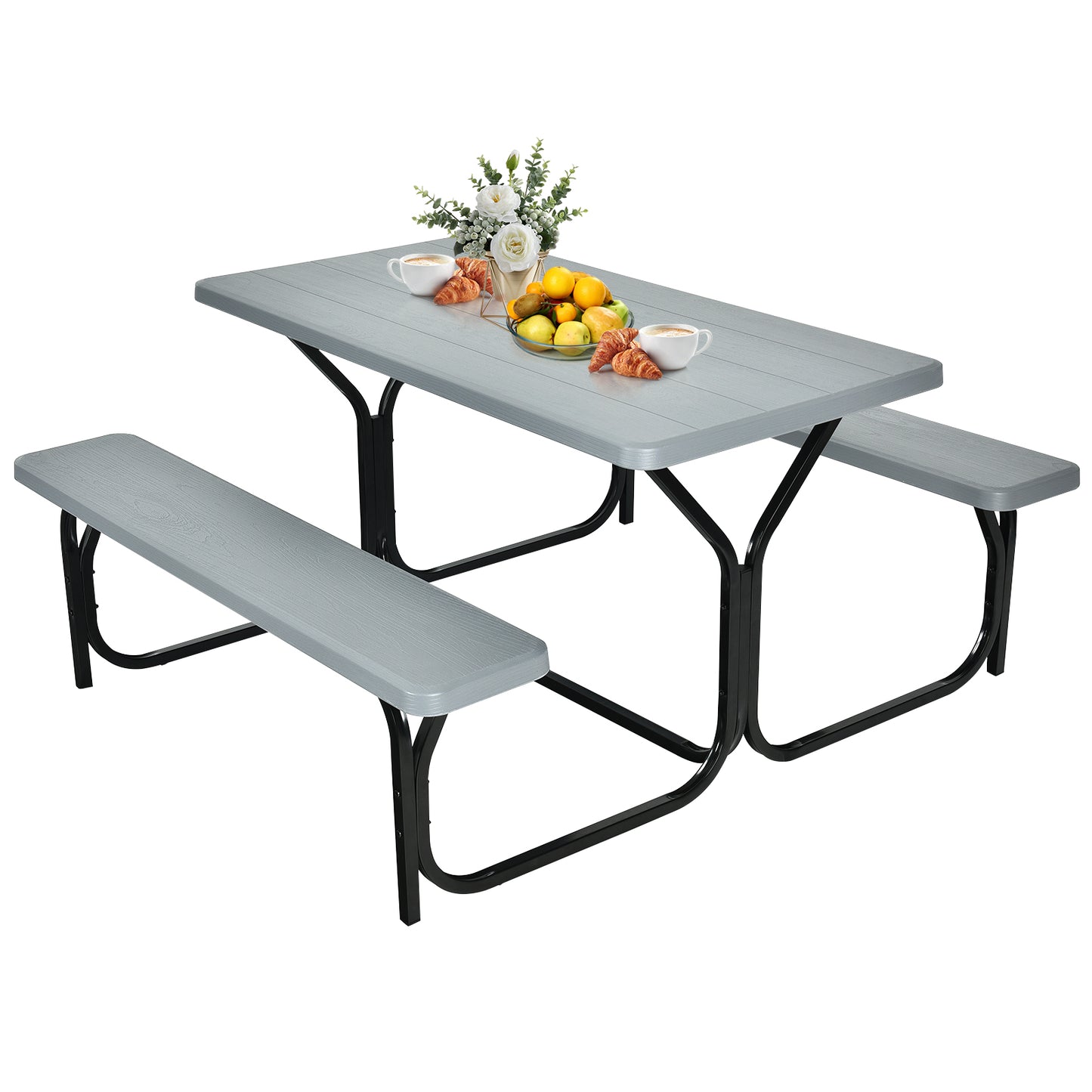 Patiojoy Outdoor Picnic Table Bench Set Patio Camping Table w/Steel Frame & Wood Texture Tabletop for Garden Black/Grey/White/Green