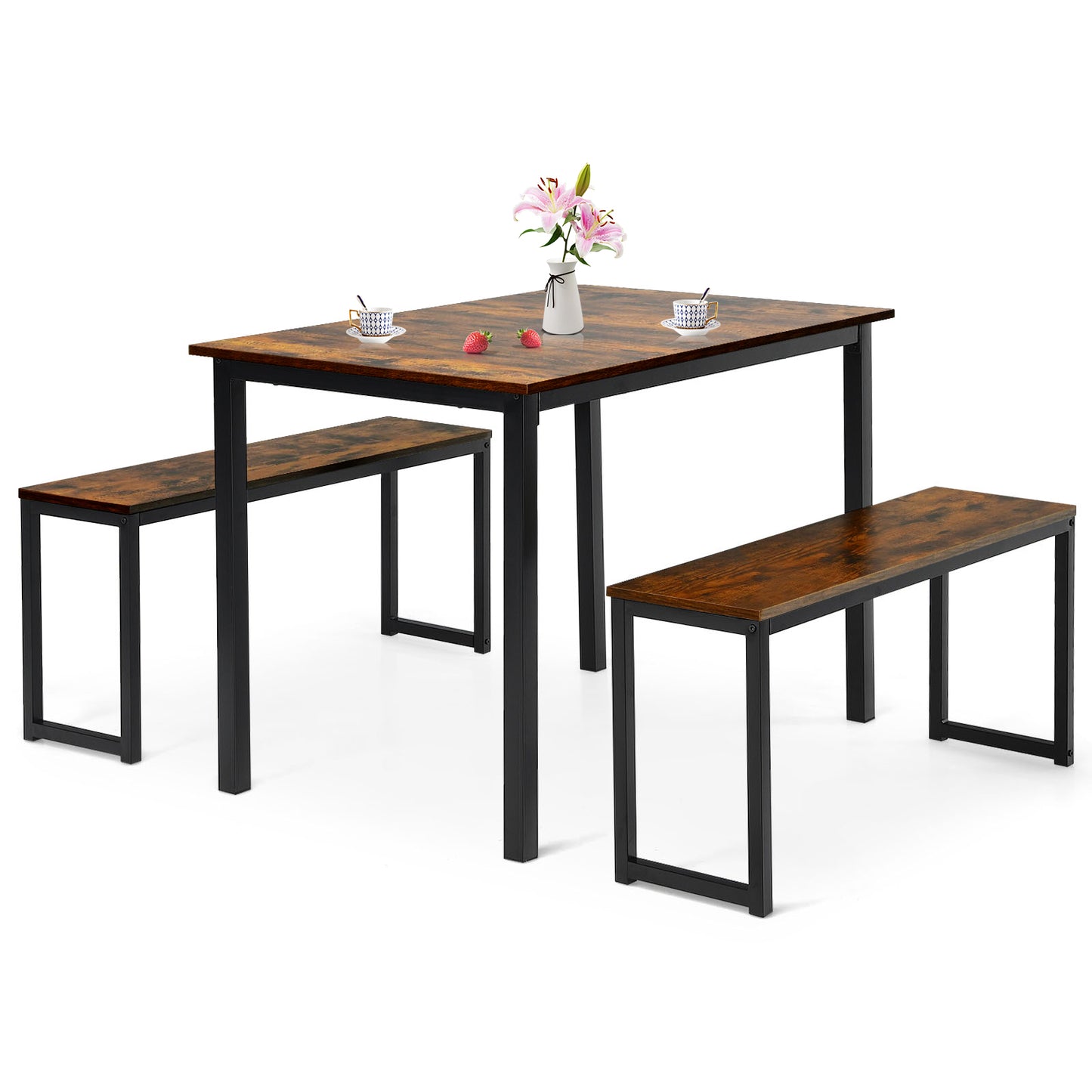 Topbuy 3pcs Dining Table Set for 4 Modern Industrial Counter Height Kitchen Table Set with 2 Benches for Dining Room Coffee/Nature