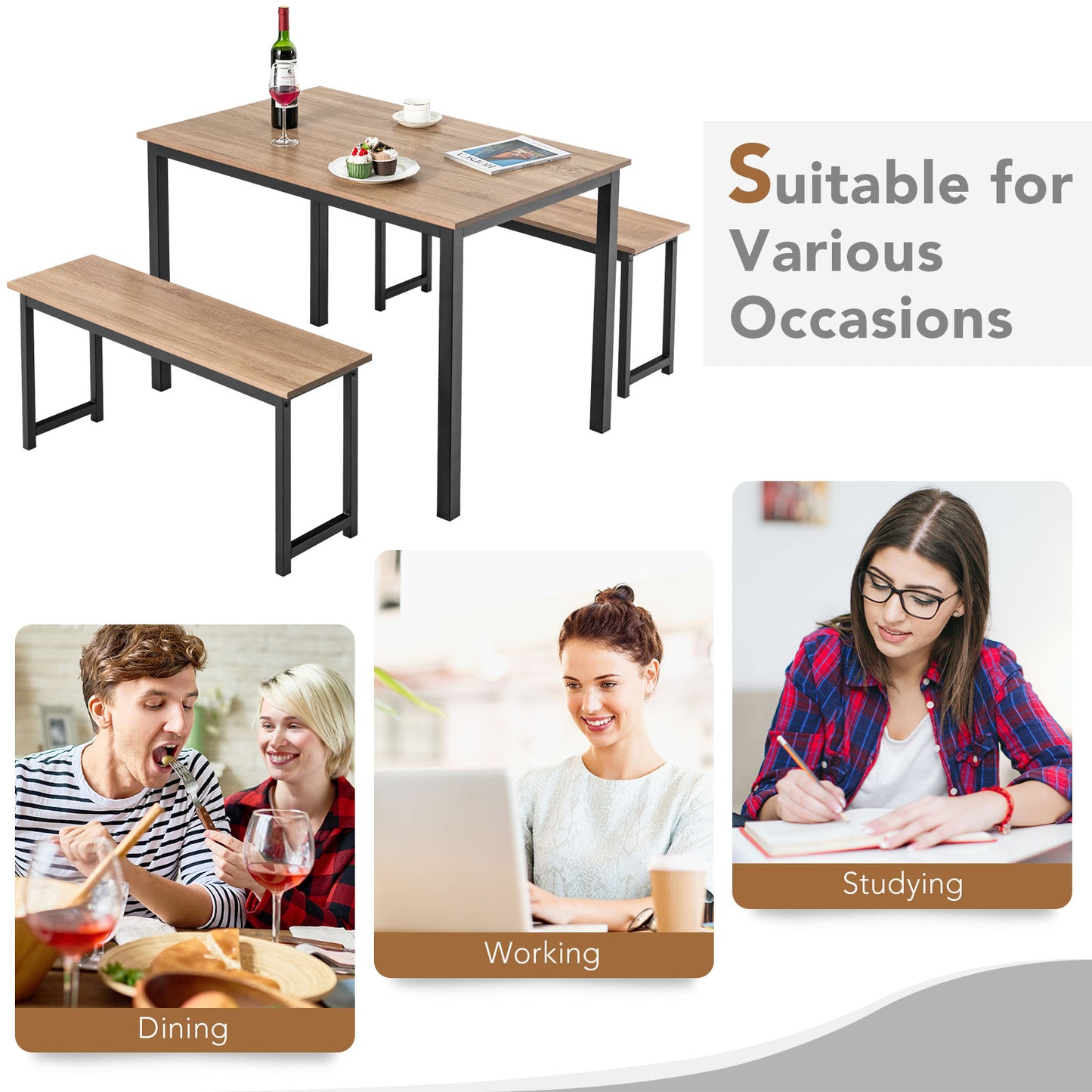 Topbuy 3pcs Dining Table Set for 4 Modern Industrial Counter Height Kitchen Table Set with 2 Benches for Dining Room Coffee/Nature