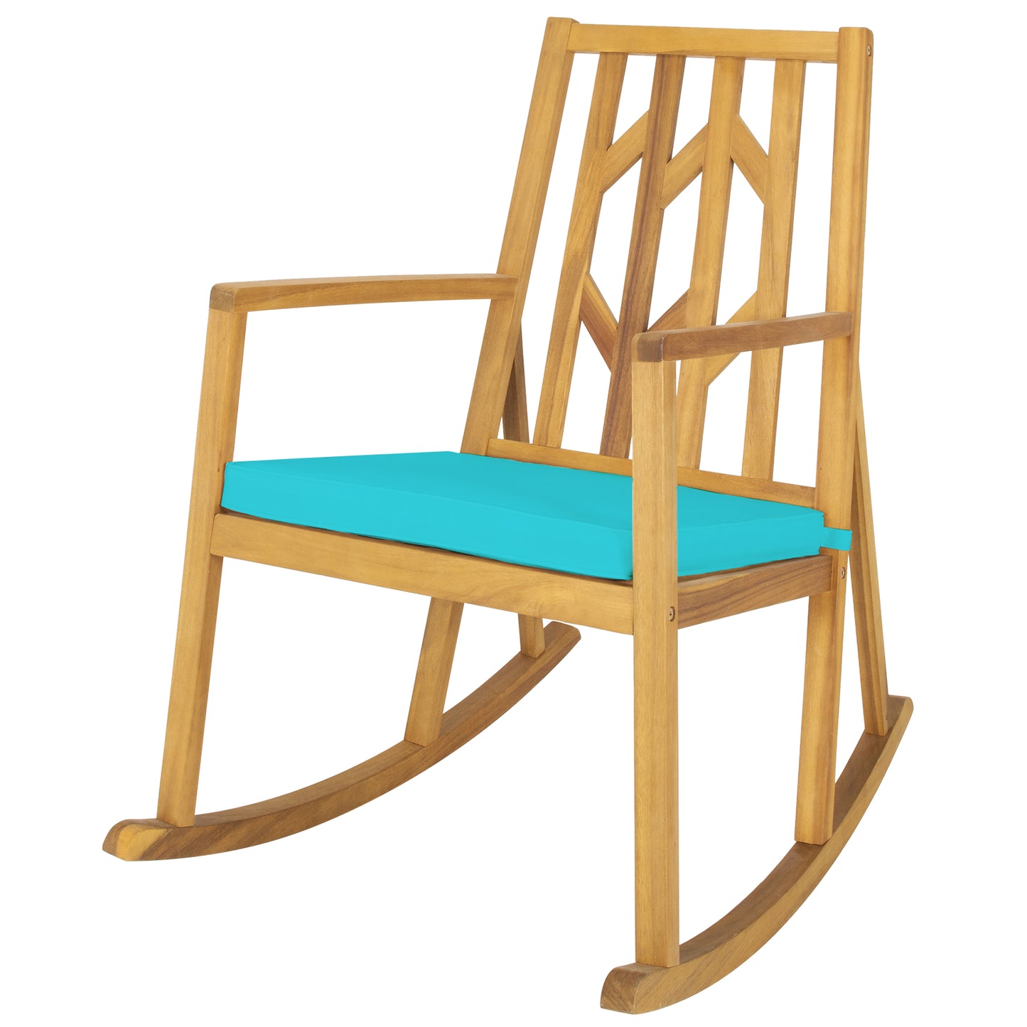 Patiojoy Outdoor Rocking Chair Acacia Wood Armrest Cushioned Sofa W/Removable High-Density Cushion for Garden Turquoise/White/Red