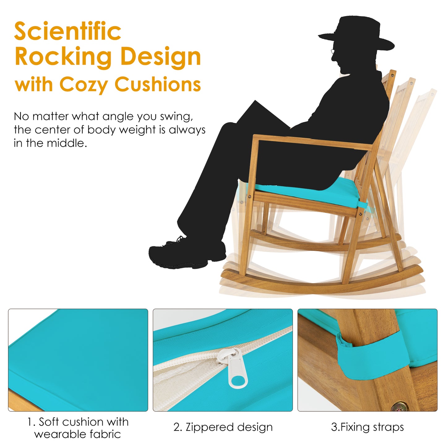 Patiojoy Outdoor Rocking Chair Acacia Wood Armrest Cushioned Sofa W/Removable High-Density Cushion for Garden Turquoise/White/Red
