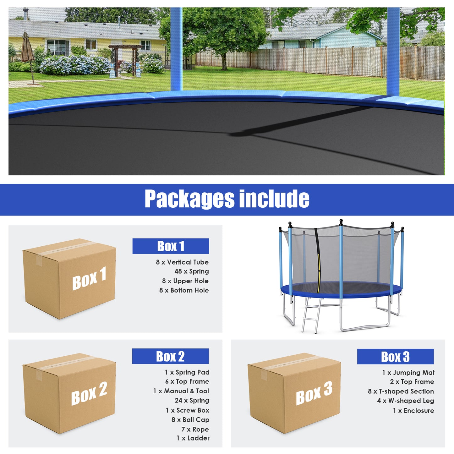 Patiojoy 8Ft/10Ft/12Ft/14Ft/15Ft/16Ft Jumping Exercise ASTM Certified Approved Recreational Trampolines with Enclosure Net