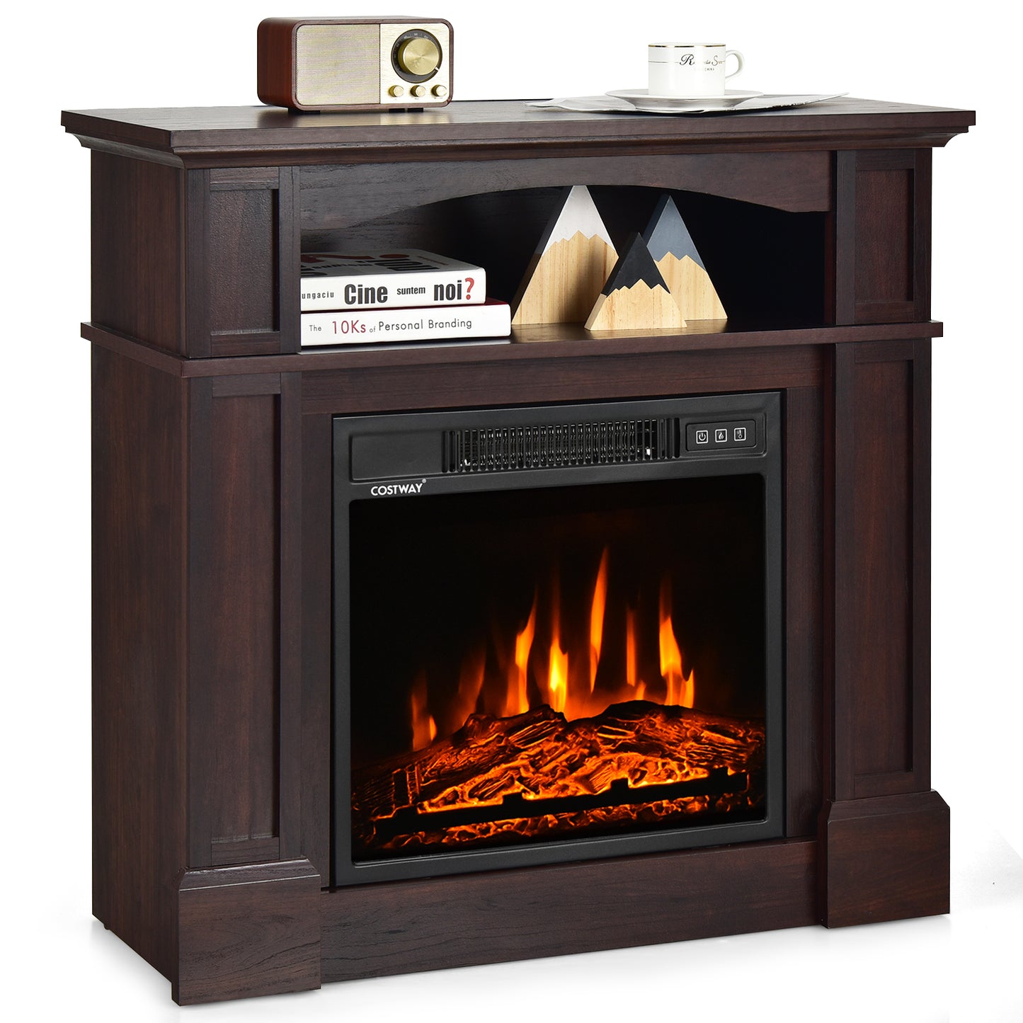 Topbuy 32'' Electric Fireplace with Mantel 1400W Freestanding Heater with Remote Control & Adjustable Brightness White/Natural