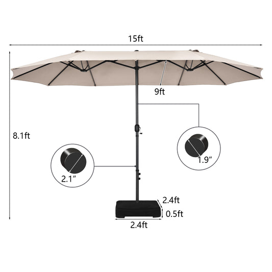 Patiojoy 15FT Double-Sided Twin Patio Umbrella with Base Extra-Large Market Umbrella Beige/Coffee/Grey/Orange/Turquoise/Wine