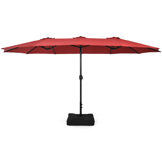 Patiojoy 15FT Double-Sided Twin Patio Umbrella with Base Extra-Large Market Umbrella for Outdoor Wine/Beige/Coffee/Orange/Turquoise/Grey