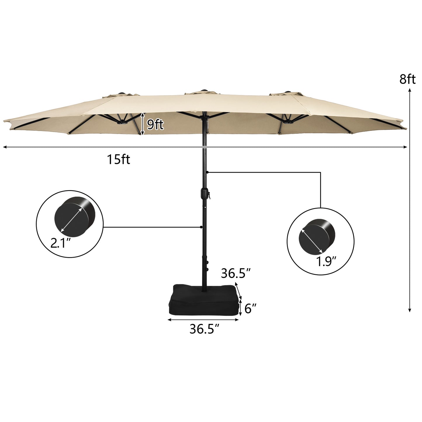 Patiojoy 15FT Double-Sided Twin Patio Umbrella with Base Extra-Large Market Umbrella for Outdoor Wine/Beige/Coffee/Orange/Turquoise/Grey