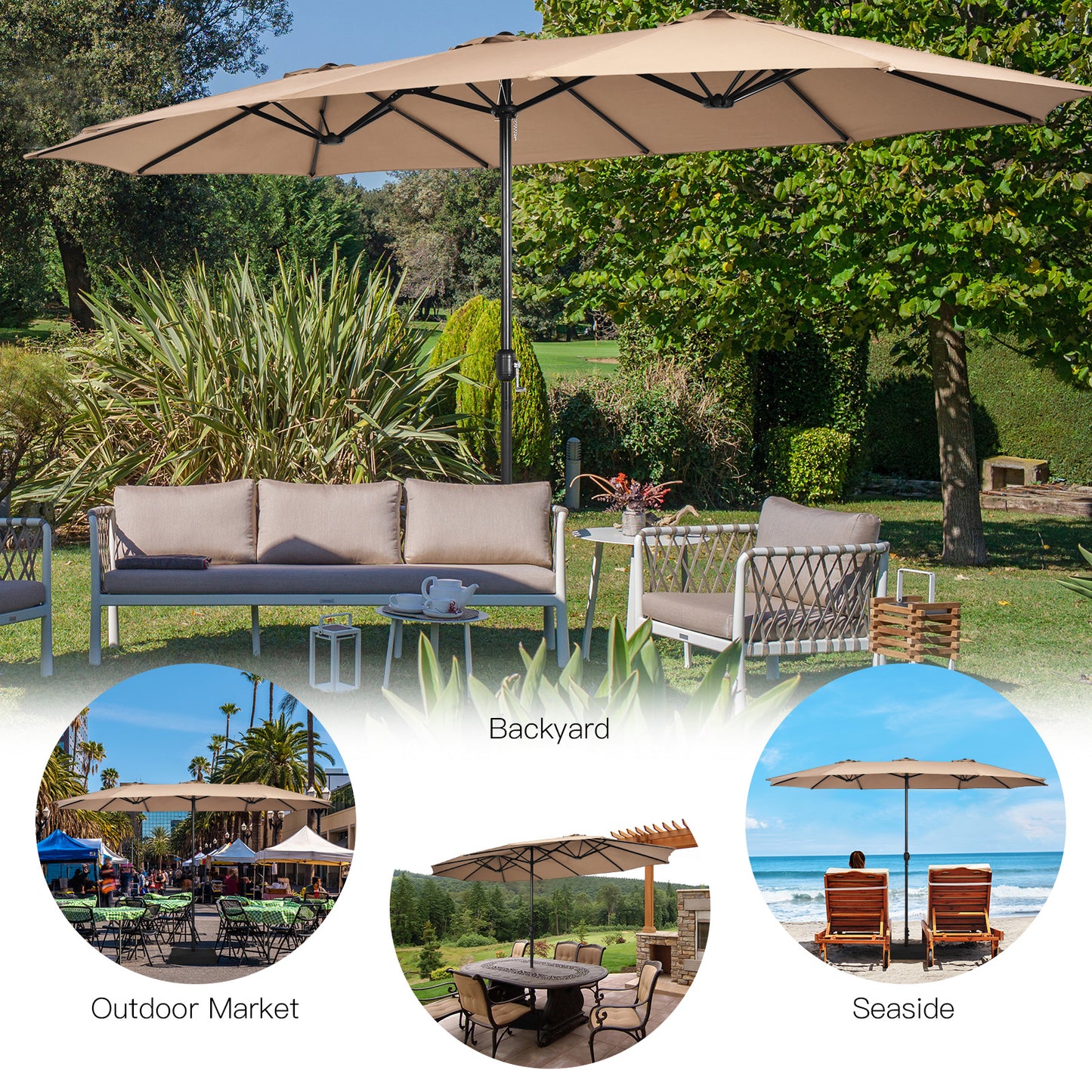 Patiojoy 15FT Double-Sided Twin Patio Umbrella with Base Extra-Large Market Umbrella for Outdoor Wine/Beige/Coffee/Orange/Turquoise/Grey