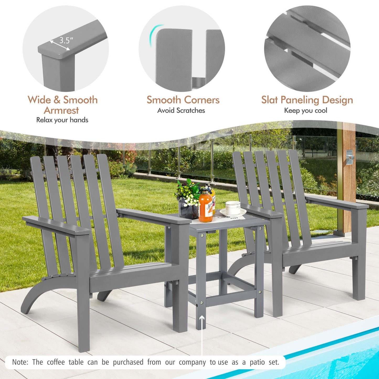 Patiojoy Wooden Adirondack Chair W/Ergonomic Design Outdoor Lounge Armchair Acacia Wood chair for Yard&Patio Black/Gray/White/Natural