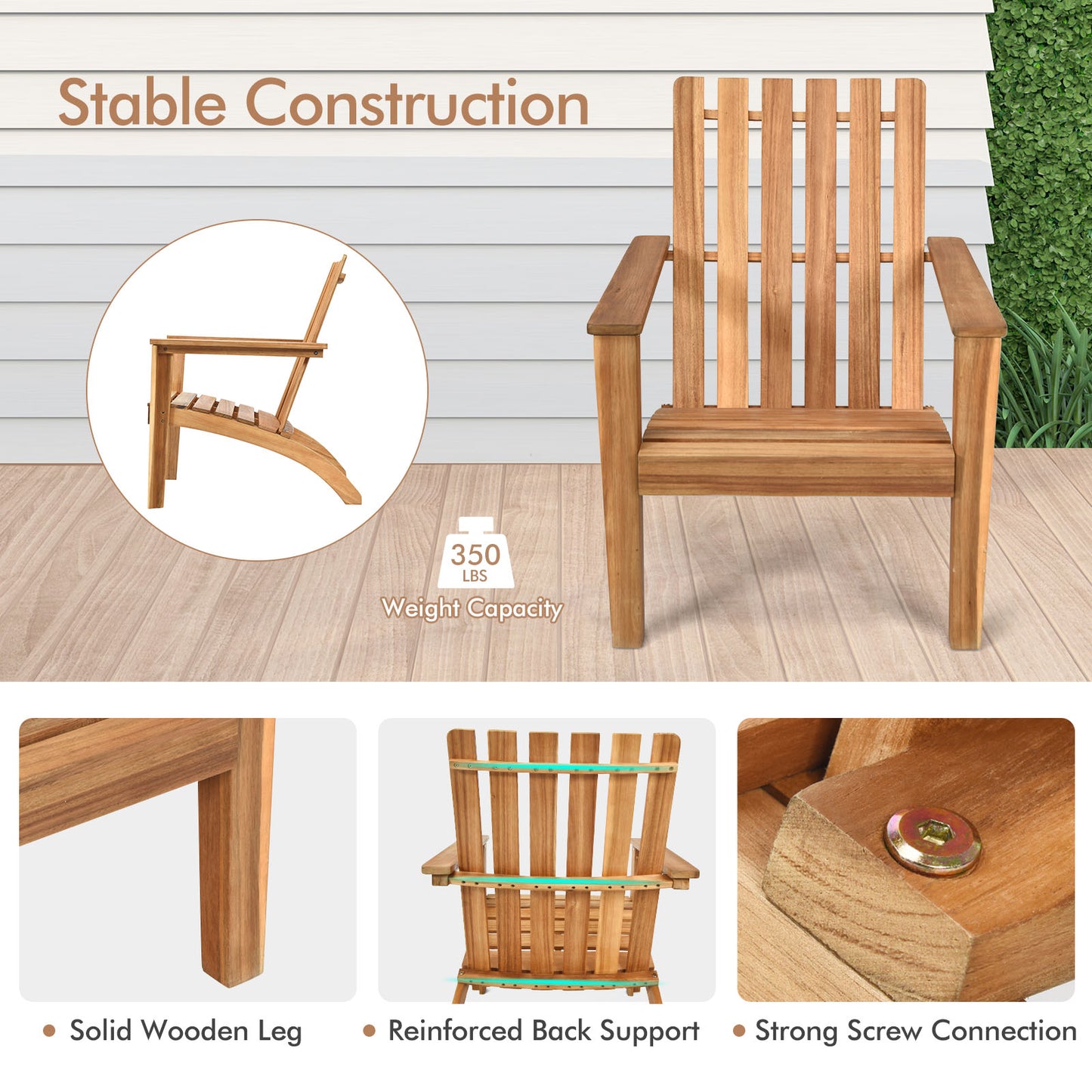 Patiojoy Wooden Adirondack Chair W/Ergonomic Design Outdoor Lounge Armchair Acacia Wood chair for Yard&Patio Black/Gray/White/Natural