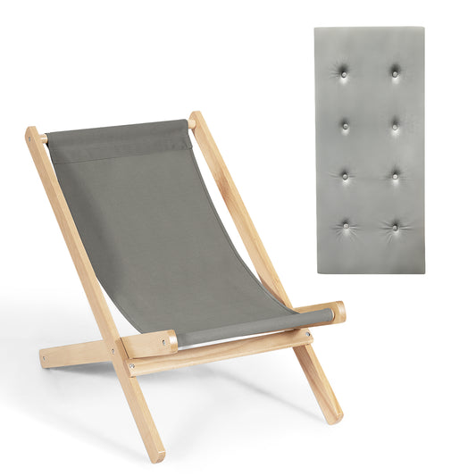 Topbuy Foldable Wood Beach Sling Chair with 3 Adjustable Positions Indoor Living Room Chaise Lounge Grey