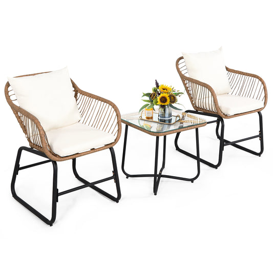 Patiojoy 3PCS Patio Rattan Furniture Set Outdoor Bistro Set w/Washable Cushion w/2 Armchairs for Backyard White
