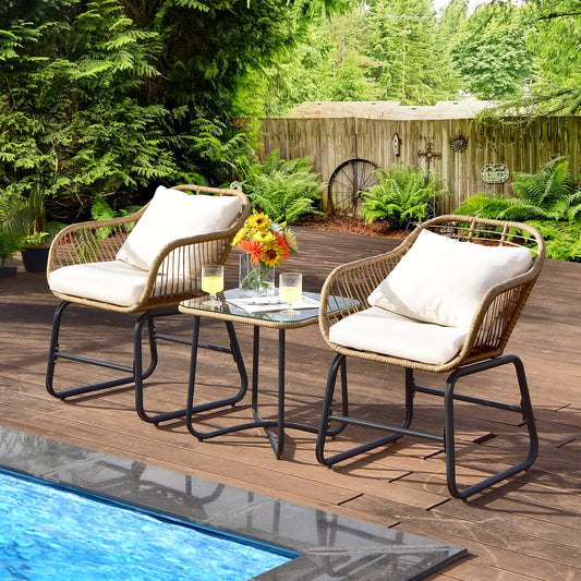 Patiojoy 3PCS Patio Rattan Furniture Set Outdoor Bistro Set w/Washable Cushion w/2 Armchairs for Backyard White