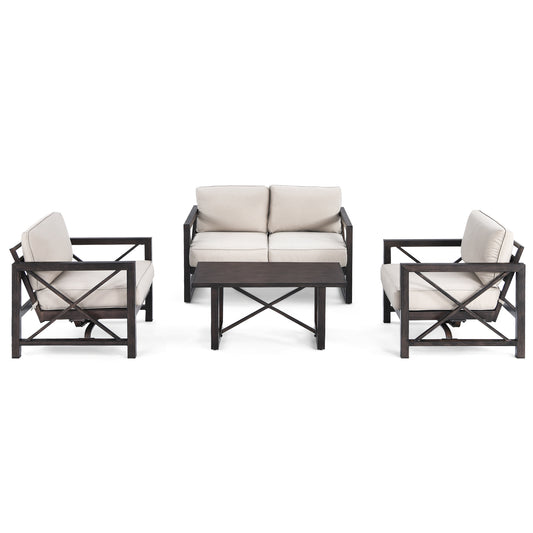 Patiojoy 4PCS Patio Rocking Chair Side Table Set Solid Steel Deck Bistro Set Classic Furniture Single Sofa Thick Cushion Loveseat for Garden