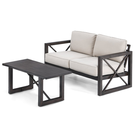 Patiojoy 2 Pieces 2-Person Patio Outdoor Loveseat Sofa with 6'' Thick Cushion and Coffee Table Set for Garden Beige