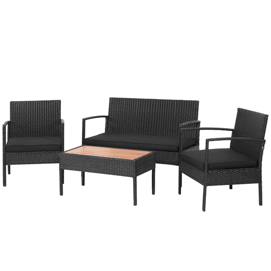Patiojoy Patio Rattan 4PCS Cushioned Chair Side Table Set Bistro Set Classic Furniture Single Sofa Thick Cushion Loveseat for Garden Black/Grey