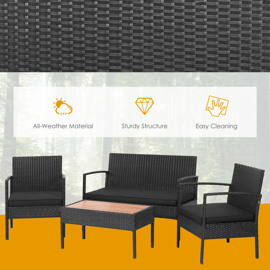 Patiojoy Patio Rattan 4PCS Cushioned Chair Side Table Set Bistro Set Classic Furniture Single Sofa Thick Cushion Loveseat for Garden Black/Grey