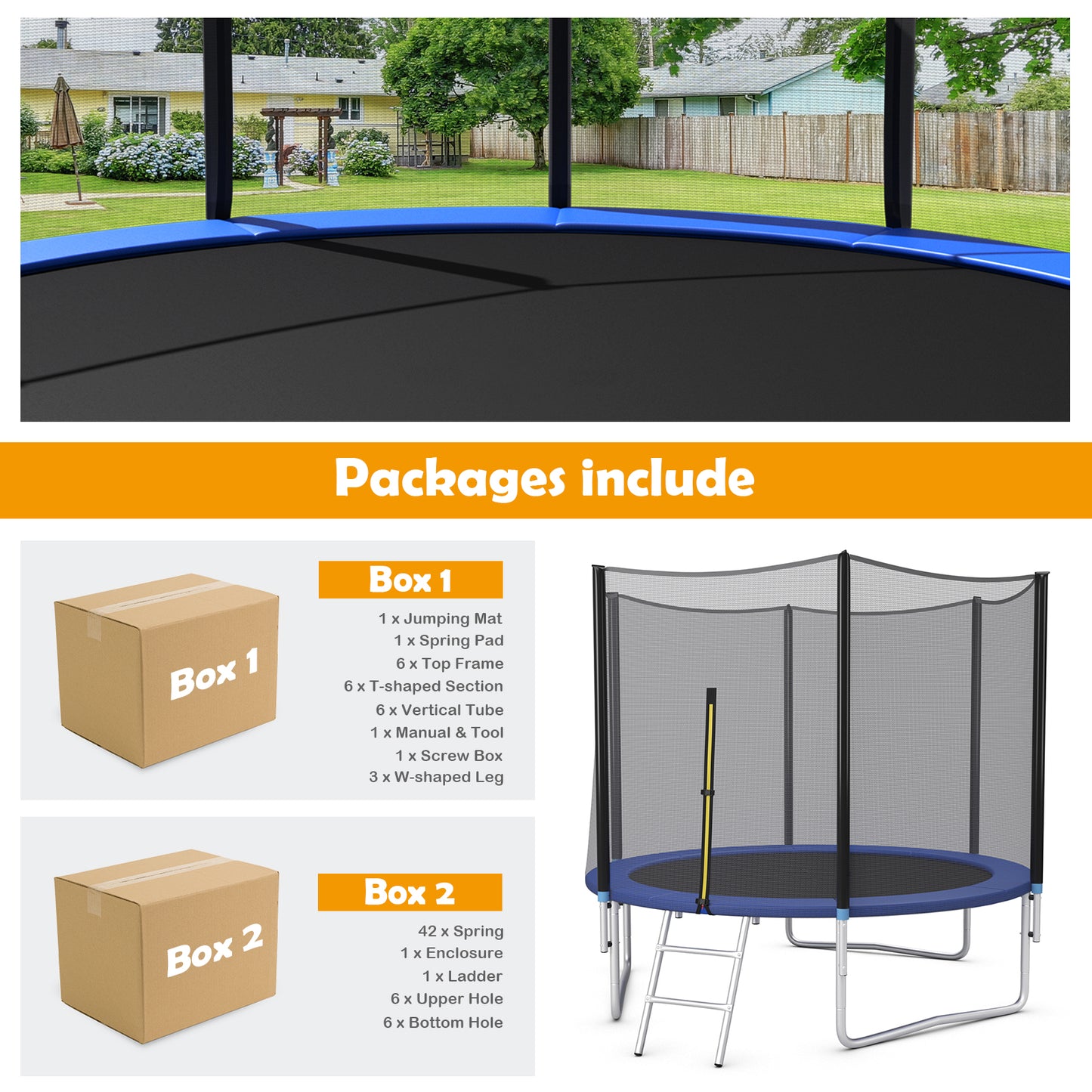 Topbuy 8ft 10ft 12ft 14ft 15ft 16ft Trampoline with Safety Enclosure Net & Spring Pad Jumping Mat