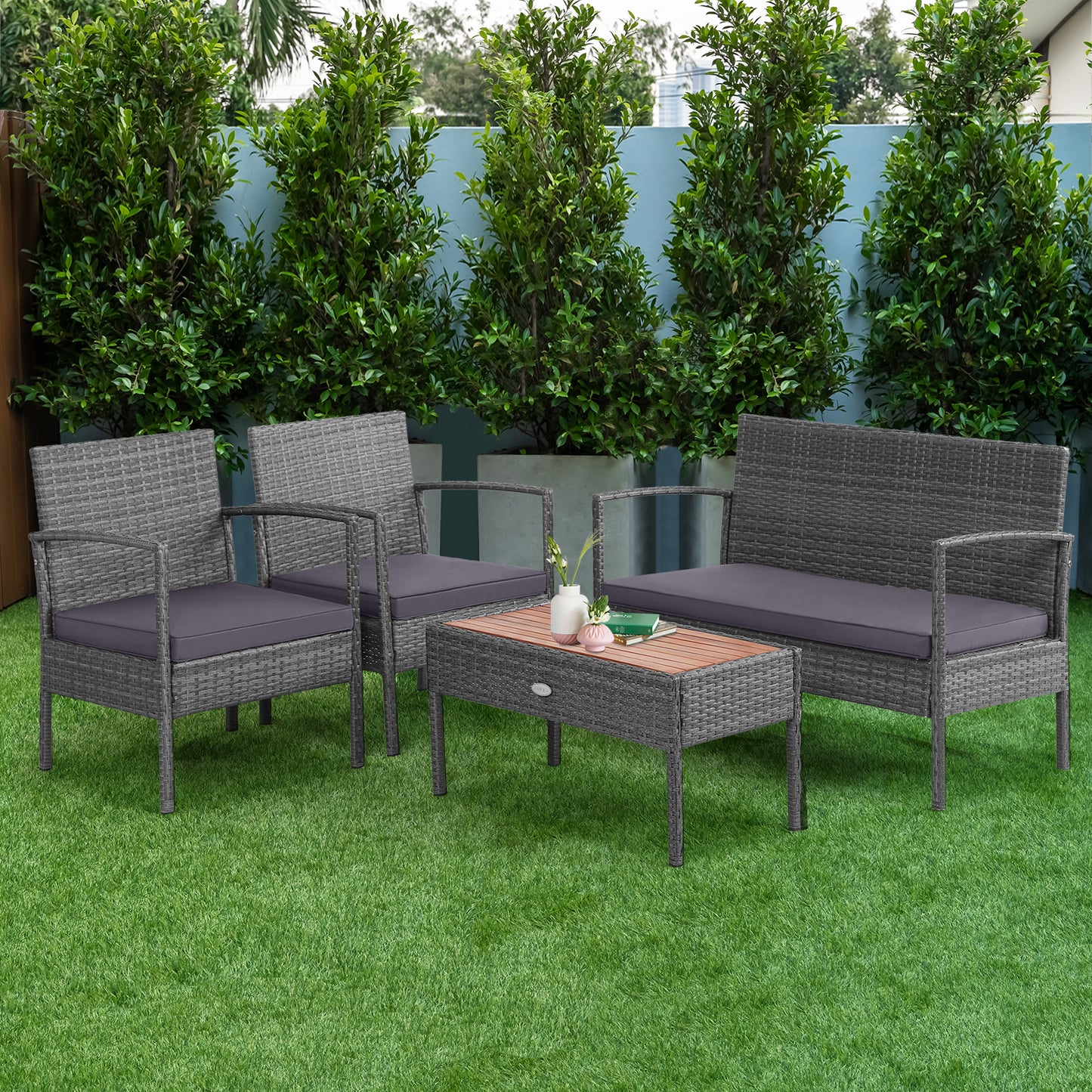 Patiojoy Patio Rattan 4PCS Cushioned Chair Side Table Set Bistro Set Classic Furniture Single Sofa Thick Cushion Loveseat for Garden Black/Grey