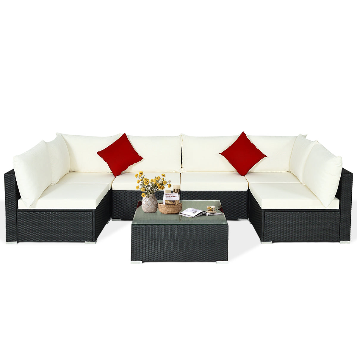 Patiojoy 7-Piece Patio PE Rattan Sectional Sofa Furniture Set Wicker Sofa Conversation Set Navy/Turquoise/Red/Beige