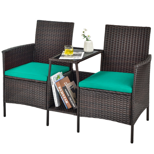 Patiojoy Patio Loveseat 2 Person Cushioned Seats With Center Table Outdoor Rattan Furniture Set