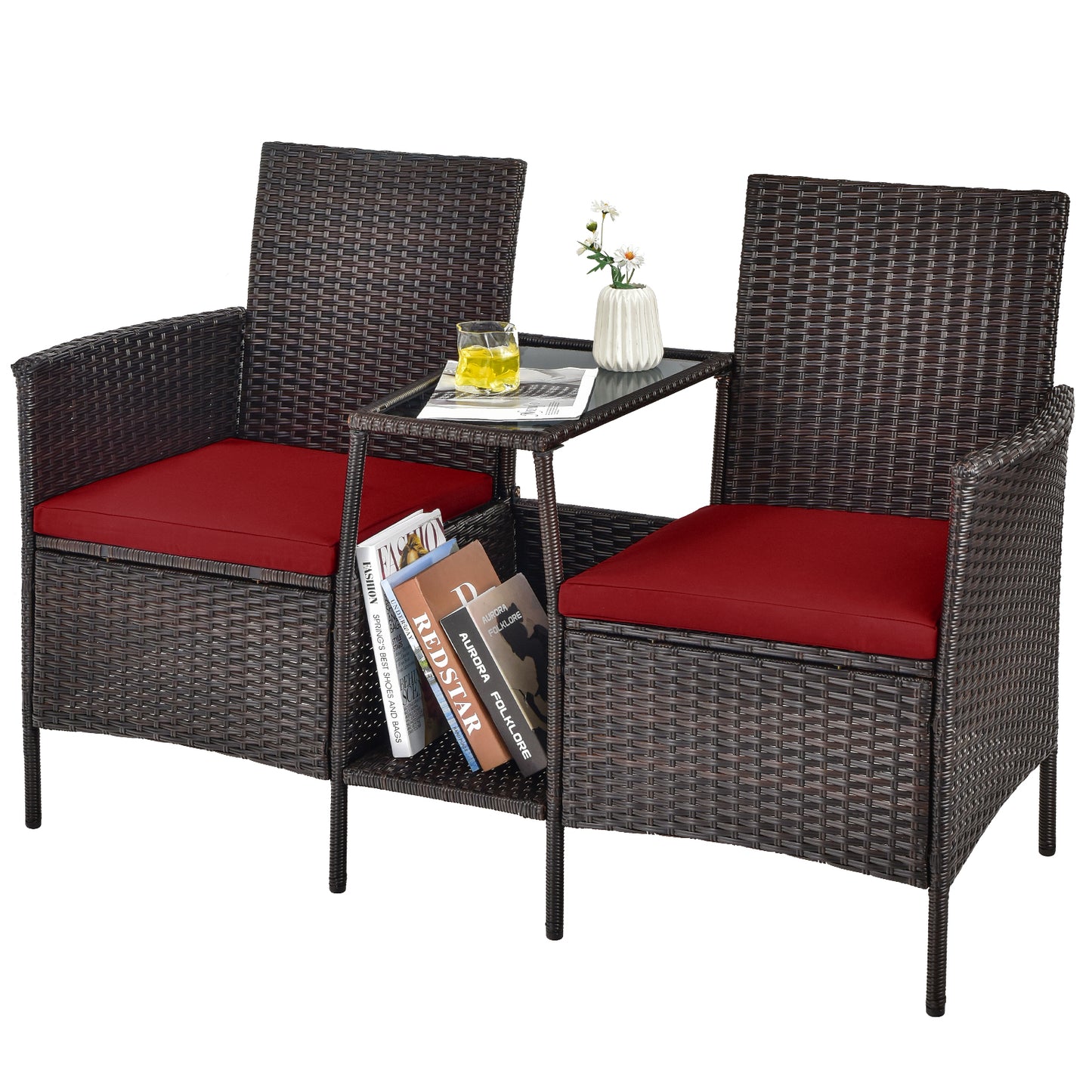 Patiojoy Patio Loveseat 2 Person Cushioned Seats With Center Table Outdoor Rattan Furniture Set