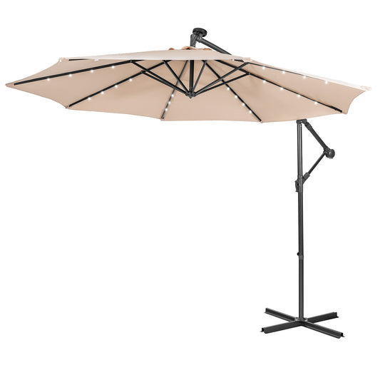 Patiojoy 10FT Patio Umbrella with 32 LED Lights Solar Powered Pool Umbrellas 8 Ribs Cantilever Offset Umbrella for Outdoor Beige/Coffee/Blue/Navy/Wine
