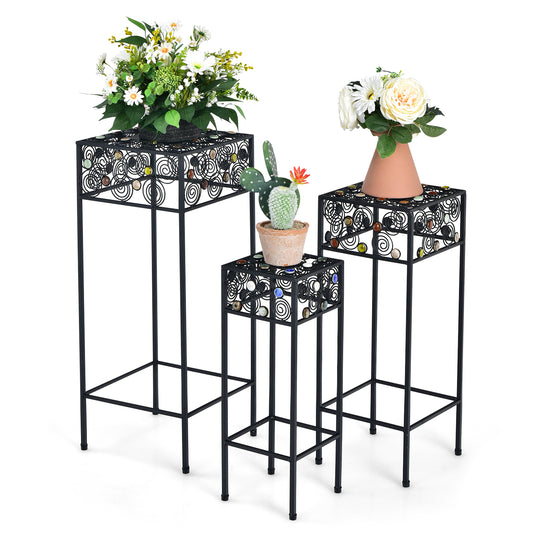 Topbuy 3 Pieces Metal Plant Stand Flower Pots Display Rack with Colorful Ceramic Beads for Garden