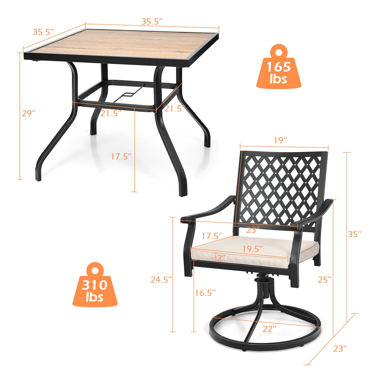 Patiojoy 5PCS Patio Rattan Dining Set with Soft Cushions 4 Swivel Chairs with Dining Table for Poolside&Garden Grey
