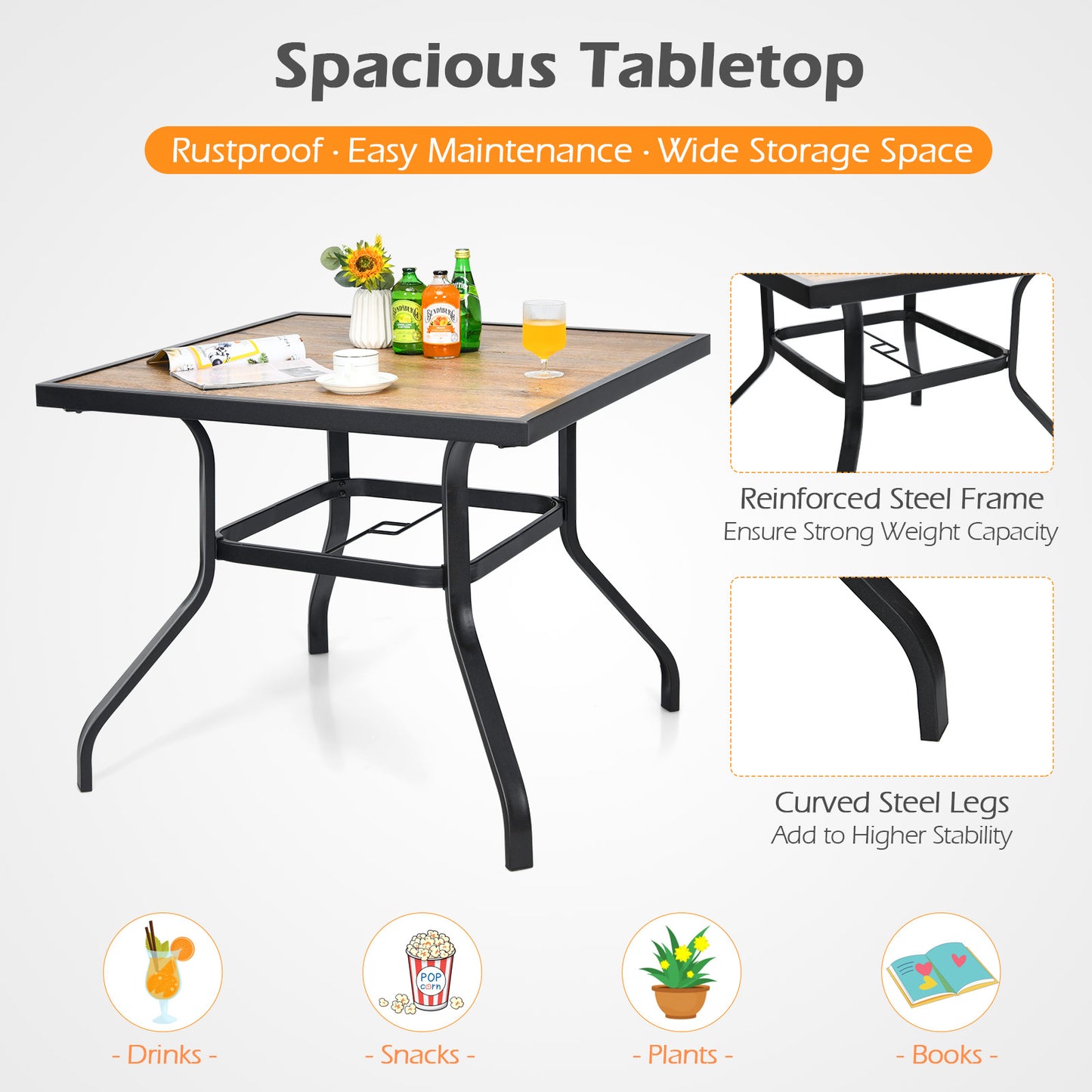Patiojoy Outdoor Dining Table Oversize Square Bistro Garden Deck with Rustproof Steel Frame for Garden