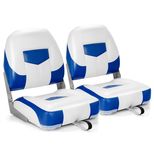 Topbuy Set of 2 Deluxe Folding Boat Seats Faux Leather Low Back Captain Chairs w/ Metal Hinges & Fixing Strap Ergonomic Seating for Fishing Boats & Yachts