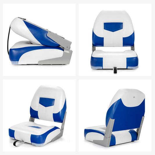 Topbuy Set of 2 Deluxe Folding Boat Seats Faux Leather Low Back Captain Chairs w/ Metal Hinges & Fixing Strap Ergonomic Seating for Fishing Boats & Yachts