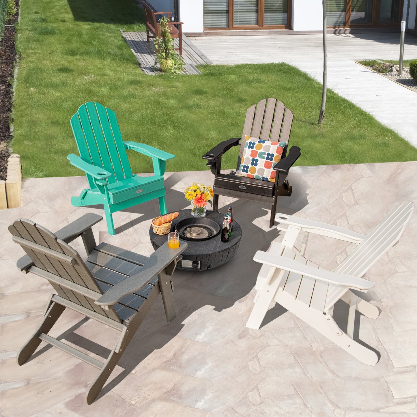 Patiojoy 2PCS Folding Adirondack Chair Outdoor Adirondack Chair Weather Resistant Lounger  Fire Pit Chair for Backyard Porch Poolside Turquoise/Grey/White/Black