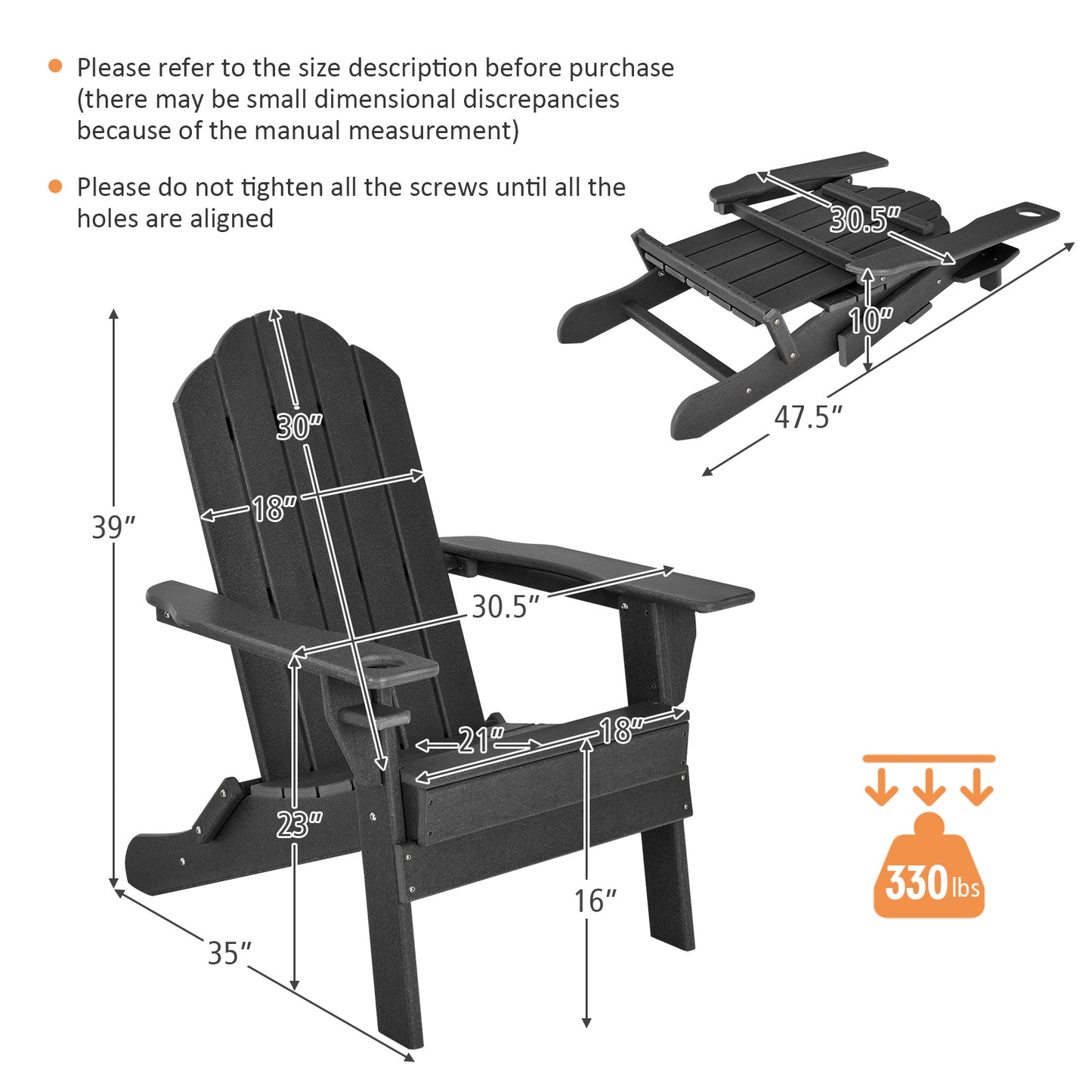 Patiojoy 2PCS Folding Adirondack Chair Outdoor Adirondack Chair Weather Resistant Lounger  Fire Pit Chair for Backyard Porch Poolside Turquoise/Grey/White/Black