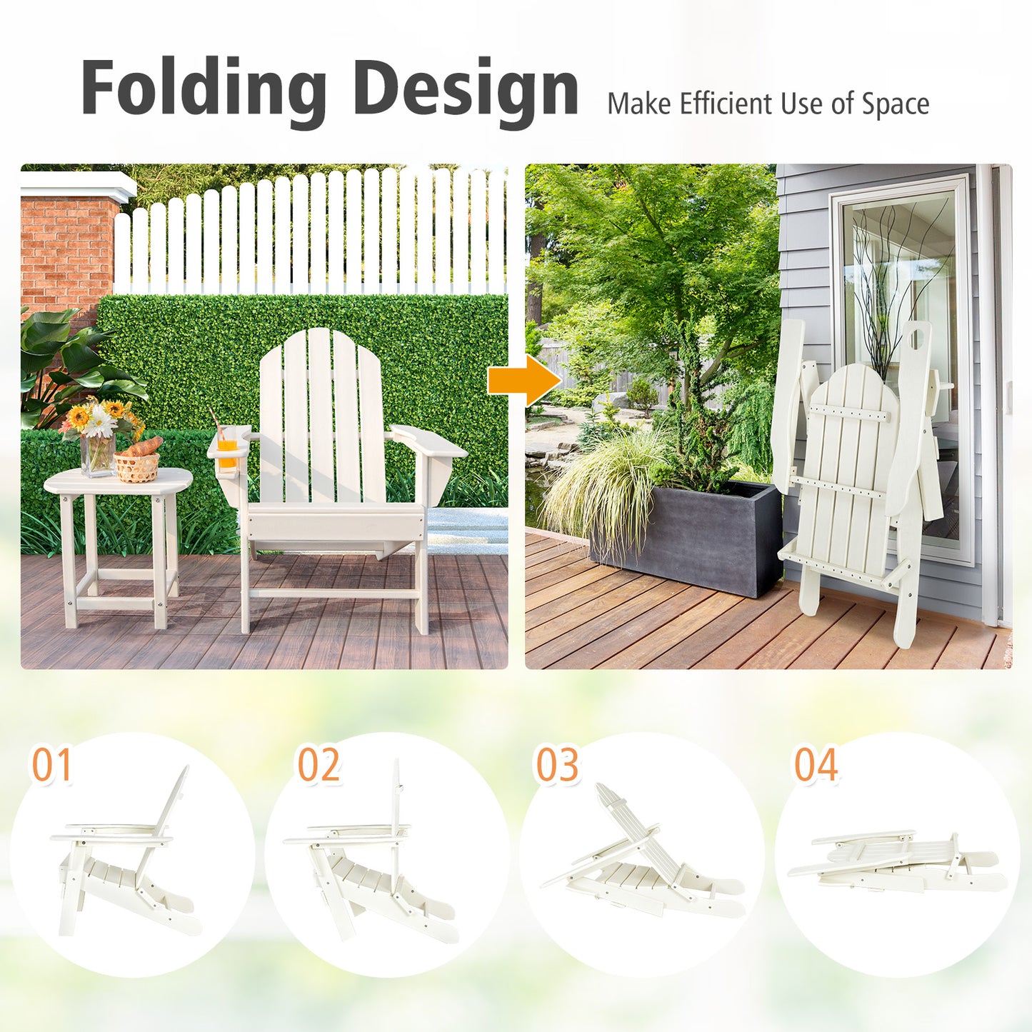 Patiojoy Patio 2PCS Adirondack Chair Side Table Set Outdoor Chair Set with End Table Weather Resistant Cup Holder for Backyard Garden White