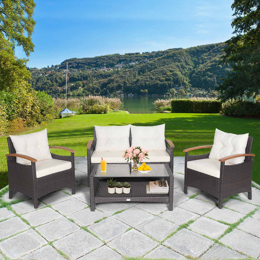 Patiojoy Patio Rattan 4PCS Cushioned Chair Side Table Set Bistro Set Classic Furniture Single Sofa Thick Cushion Loveseat for Garden Off White/Navy