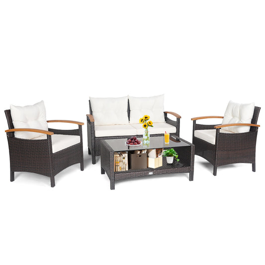 Patiojoy Patio Rattan 4PCS Cushioned Chair Side Table Set Bistro Set Classic Furniture Single Sofa Thick Cushion Loveseat for Garden Off White/Navy