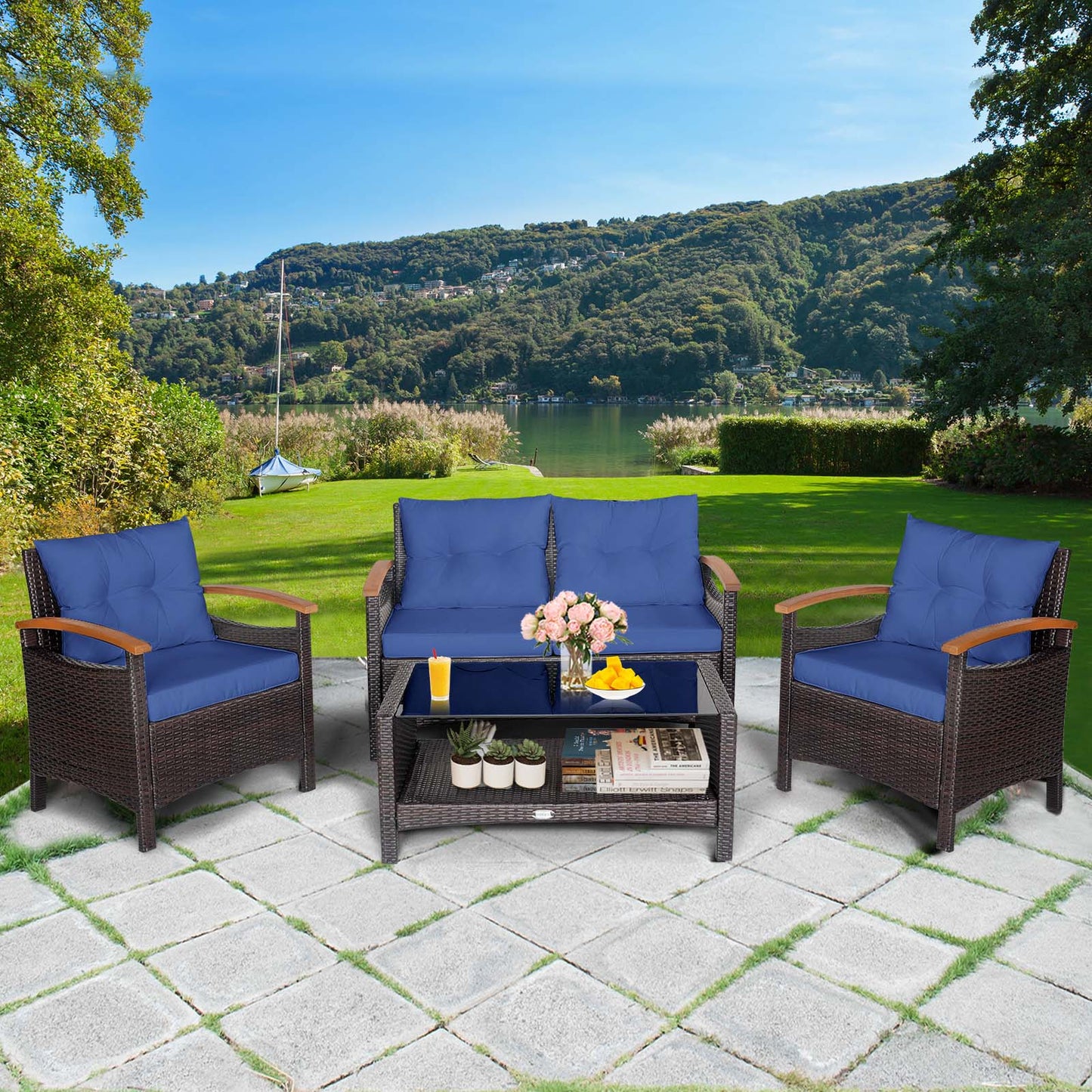 Patiojoy Patio Rattan 4PCS Cushioned Chair Side Table Set Bistro Set Classic Furniture Single Sofa Thick Cushion Loveseat for Garden Off White/Navy