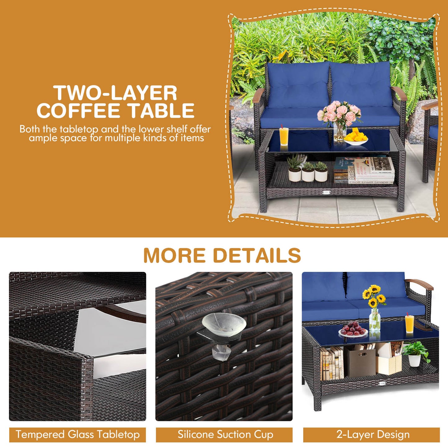 Patiojoy Patio Rattan 4PCS Cushioned Chair Side Table Set Bistro Set Classic Furniture Single Sofa Thick Cushion Loveseat for Garden Off White/Navy