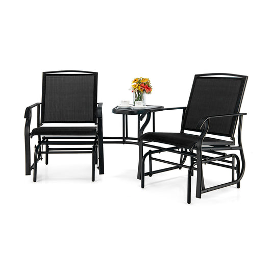 Patiojoy Patio Double Rocking Chair Outdoor 2-Seat Swing Glider Chair W/ Center Table & Umbrella Hole Black/Brown/Turquoise