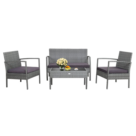 Patiojoy Patio Rattan 4PCS/8PCS Cushioned Chair Side Table Classic Furniture Set Bistro Set Single Sofa Thick Cushion Loveseat for Garden Grey