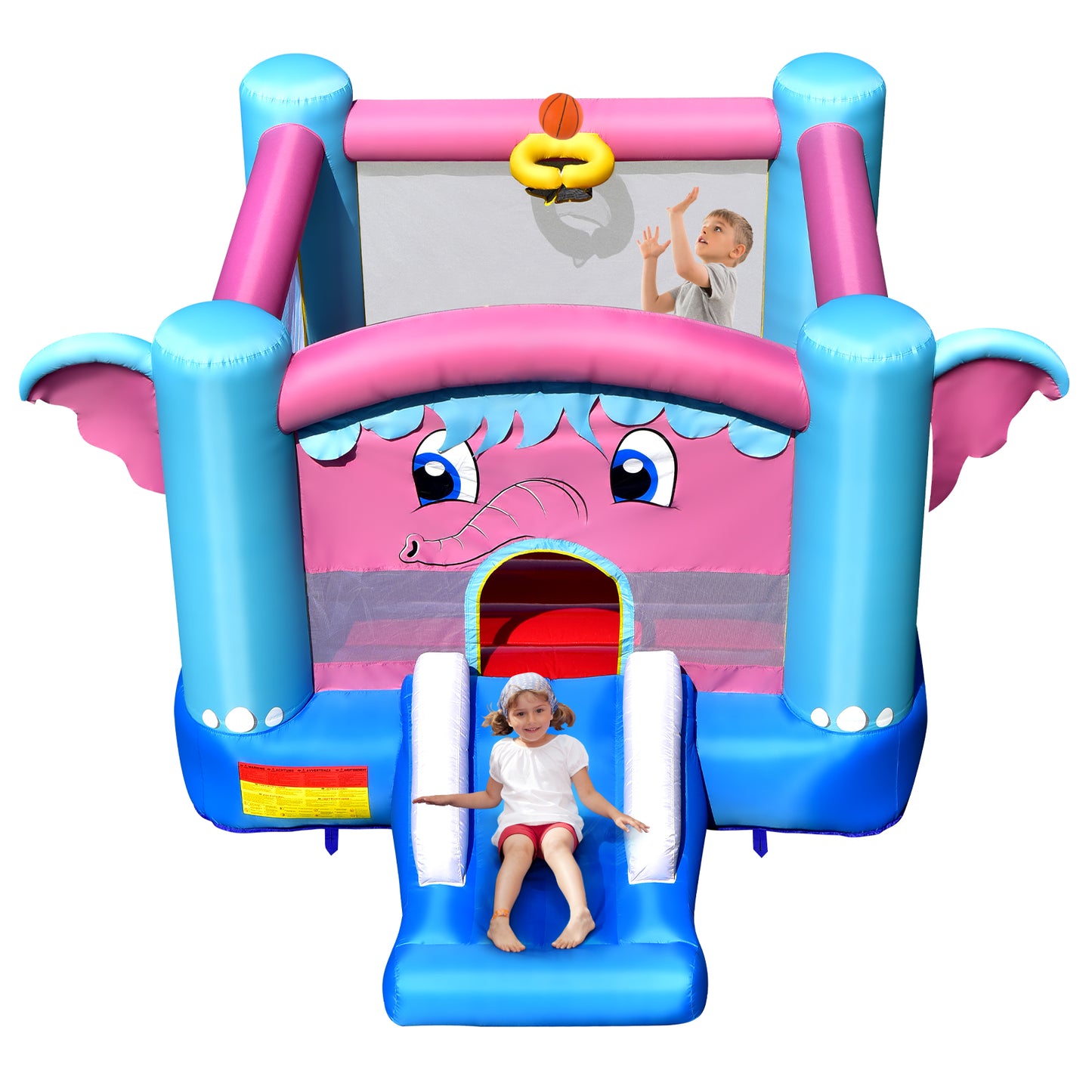 Topbuy Inflatable Bounce House 3-in-1 Elephant Theme Inflatable Castle w/ Jumping Area Slide & Basketball Rim Indoor Outdoor Kids Bouncer (without Blower)