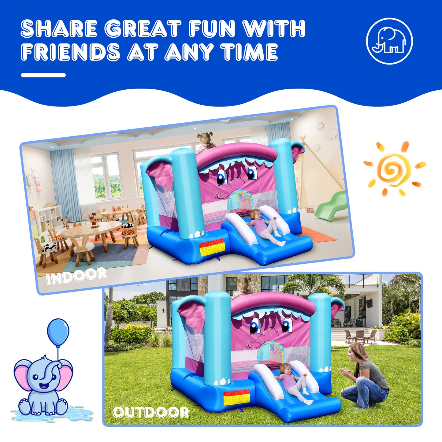 Topbuy Inflatable Bounce House 3-in-1 Elephant Theme Inflatable Castle w/ Jumping Area Slide & Basketball Rim Indoor Outdoor Kids Bouncer (without Blower)