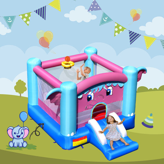 Topbuy Inflatable Bounce House 3-in-1 Elephant Theme Inflatable Castle w/ Jumping Area Slide & Basketball Rim Indoor Outdoor Kids Bouncer with 735W Blower