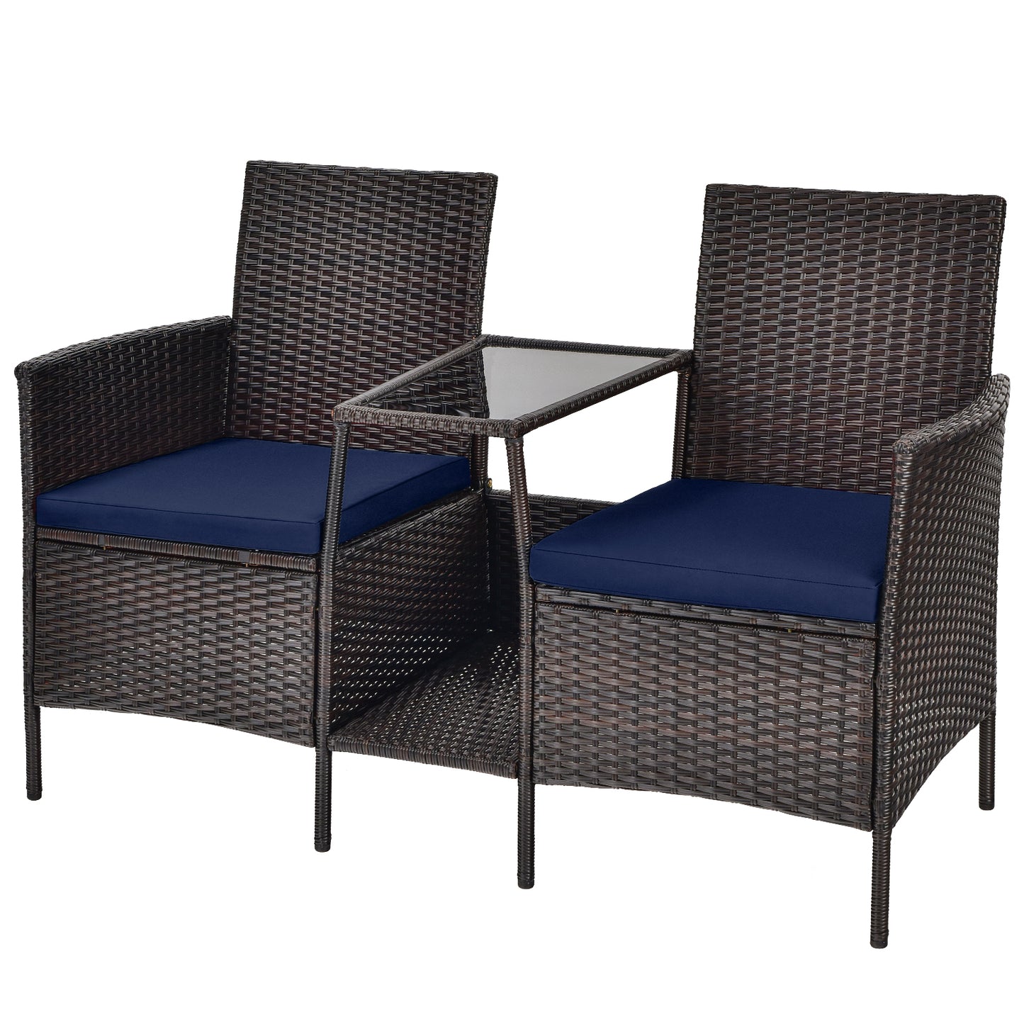 Patiojoy Patio Loveseat 2 Person Cushioned Seats With Center Table Outdoor Rattan Furniture Set