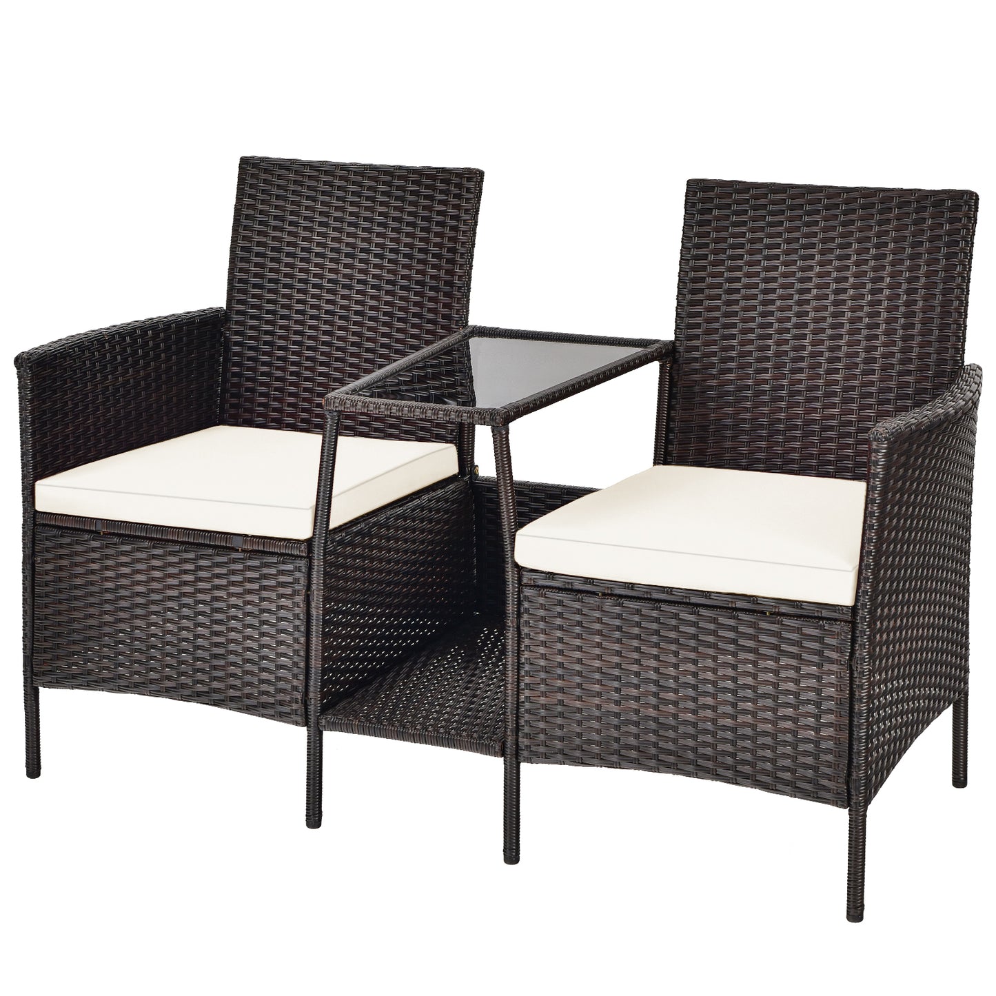 Patiojoy Patio Loveseat 2 Person Cushioned Seats With Center Table Outdoor Rattan Furniture Set
